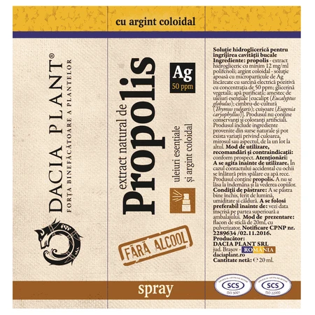 Natural propolis extract spray with colloidal silver, 20 ml, Dacia Plant