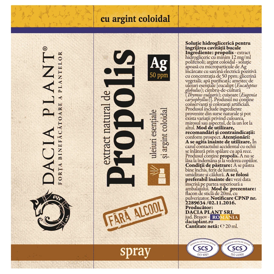 Natural propolis extract spray with colloidal silver, 20 ml, Dacia Plant