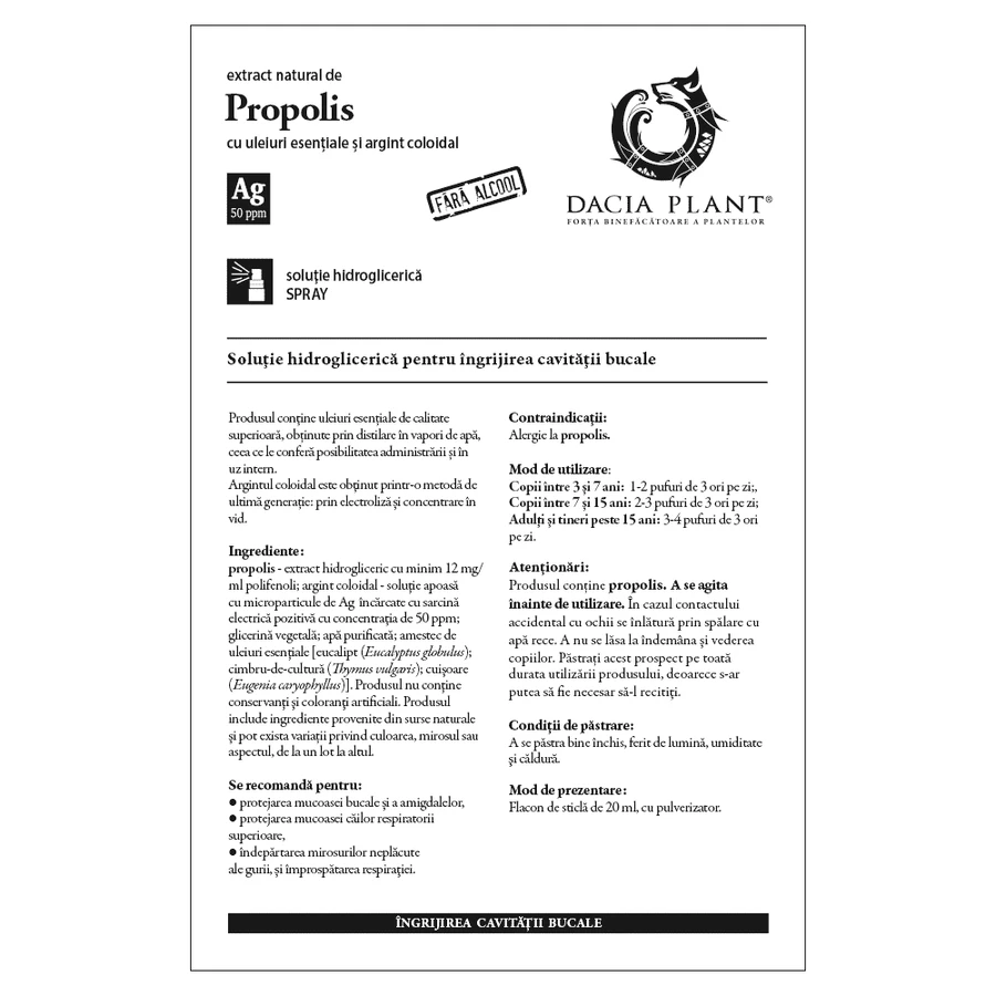 Natural propolis extract spray with colloidal silver, 20 ml, Dacia Plant