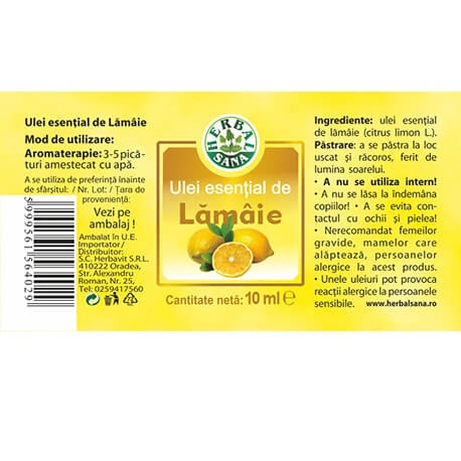 Aceite esencial de limón 100 % puro, 10 ml, Herbavit