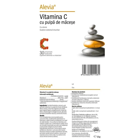 Vitamin C mit Hagebuttenmark und Stevia, 30 Tabletten, Alevia