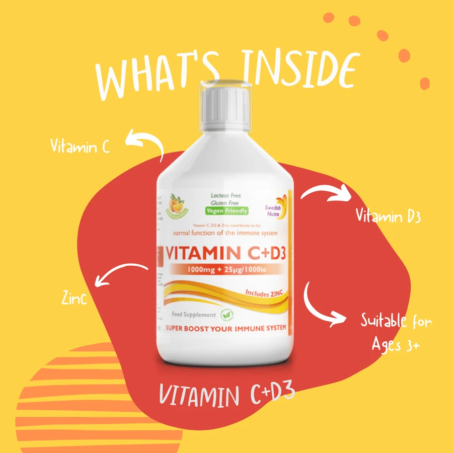 Vitamin C Liquid 1000 Mg + Vitamin D3 + Zinc, 500ml, Swedish Nutra