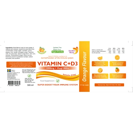 Vitamin C Liquid 1000 Mg + Vitamin D3 + Zinc, 500ml, Swedish Nutra