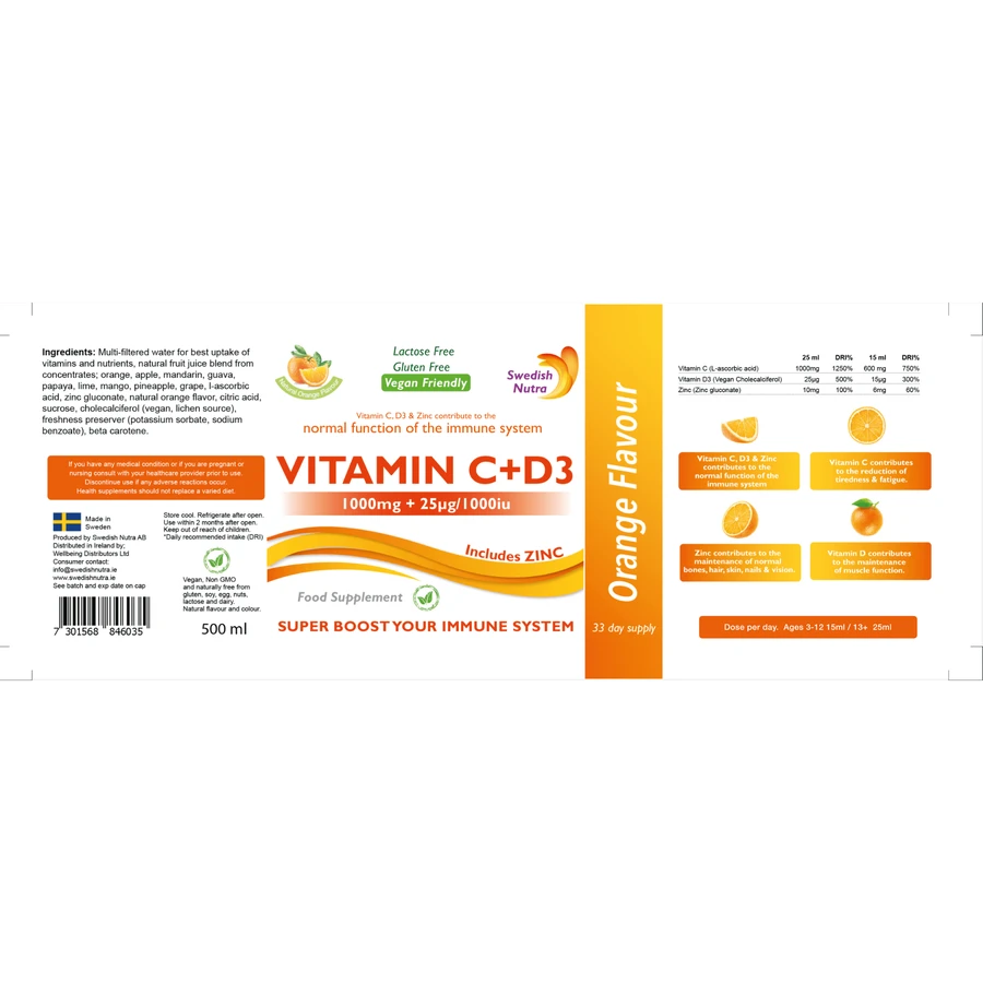 Vitamin C Liquid 1000 Mg + Vitamin D3 + Zinc, 500ml, Swedish Nutra