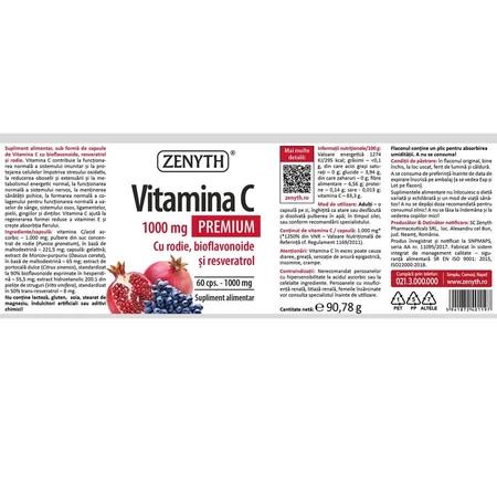 Vitamina C 1000 mg Premium con melograno, bioflavonoidi e resveratrolo, 60 + 30 capsule, Zenyth