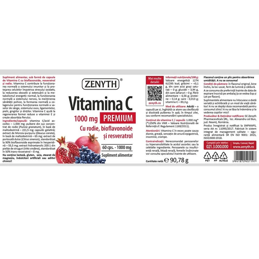 Vitamina C 1000 mg Premium con melograno, bioflavonoidi e resveratrolo, 60 + 30 capsule, Zenyth