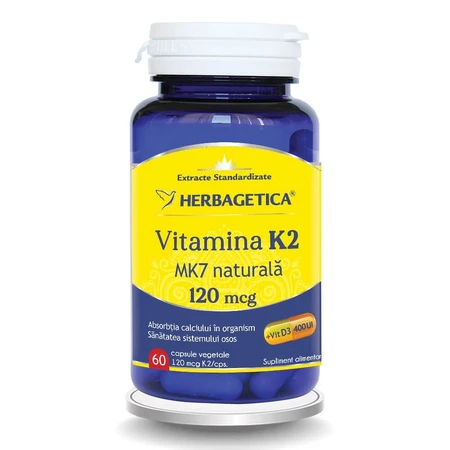 Vitamina natural K2 MK7 120mcg, 60 cápsulas, Herbagetica