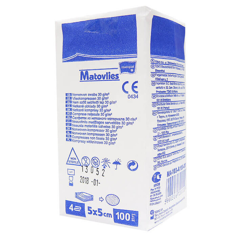 Cumpără Matopat Matovlies, comprese nesterile, nețesute, 4 straturi, 30 g/m2, 5 cm x 5 cm, 100 de bucăți Matopat Matovlies, comprese nesterile, nețesute, 4 straturi, 30 g/m2, 5 cm x 5 cm, 100 de bucăți