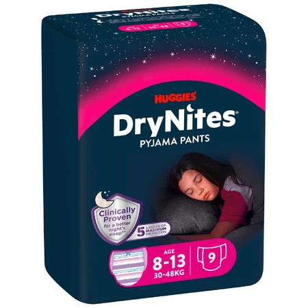 Huggies DryNites, culottes de nuit pour filles, 8-13 ans, 30-48kg, 9 pièces