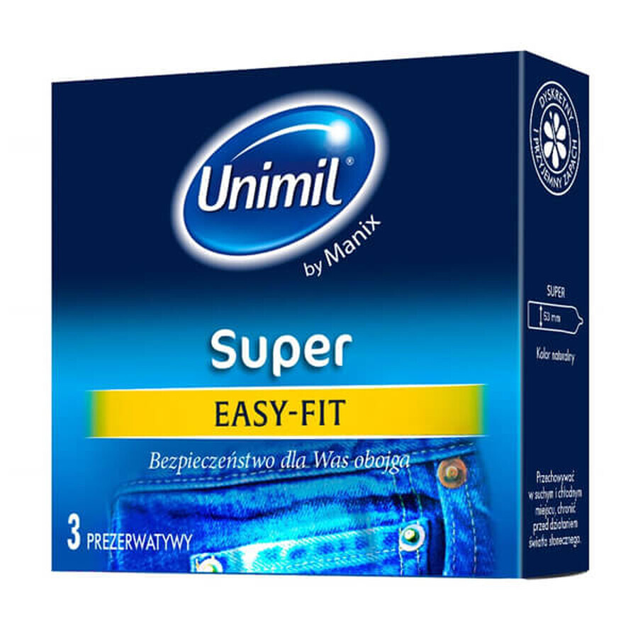 Cumpără Unimil Super Easy-Fit, prezervative clasice, 3 bucăți Unimil Super Easy-Fit, prezervative clasice, 3 bucăți