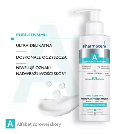 Pharmaceris A Puri-Sensimil, lait nettoyant à base de microsphères pour le démaquillage du visage et des yeux, 190 ml