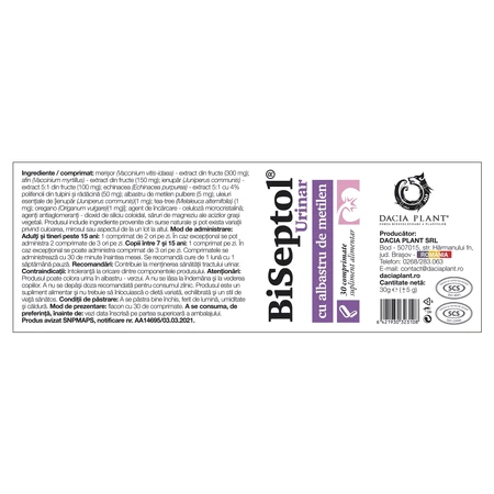Biseptol Urinar, 30 tablets, Dacia Plant