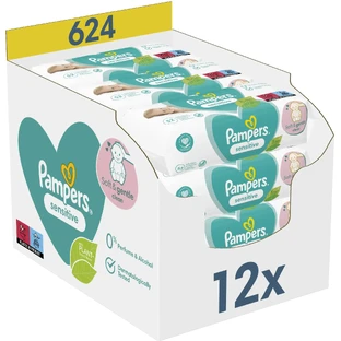 Pampers Sensitive, toallitas húmedas, piel delicada para bebés y niños, 12 x 52 unidades