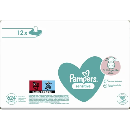 Pampers Sensitive, toallitas húmedas, piel delicada para bebés y niños, 12 x 52 unidades