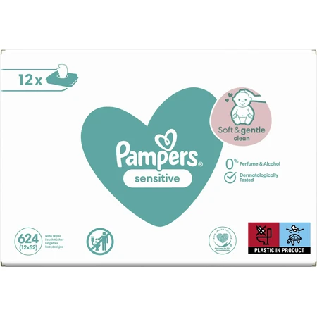 Pampers Sensitive, toallitas húmedas, piel delicada para bebés y niños, 12 x 52 unidades