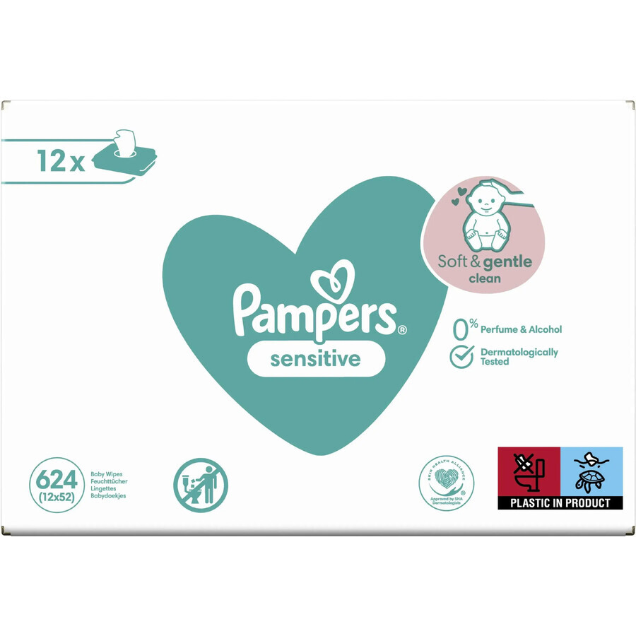 Pampers Sensitive, wet wipes, delicate skin for babies and children, 12 x 52 pieces Pampers Sensitive, wet wipes, delicate skin for babies and children, 12 x 52 pieces