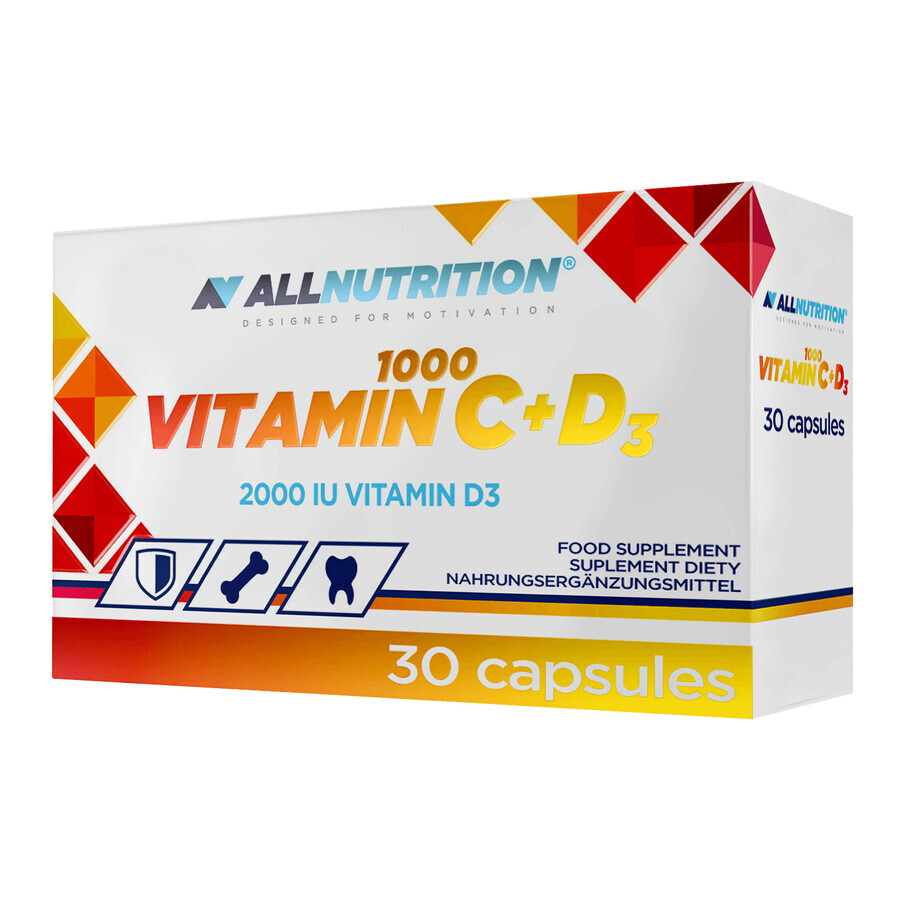 Boutique Allnutrition Vitamine C 1000 + D3, vitamine C 1000 mg + vitamine D 50 µg, 30 gélules Allnutrition Vitamine C 1000 + D3, vitamine C 1000 mg + vitamine D 50 µg, 30 gélules