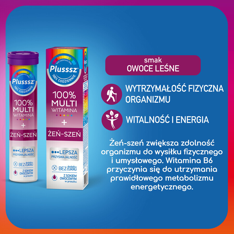 Comprar Plusssz 100% Multivitamínico + Ginseng, sabor frutas del bosque, 20 comprimidos efervescentes Plusssz 100% Multivitamínico + Ginseng, sabor frutas del bosque, 20 comprimidos efervescentes