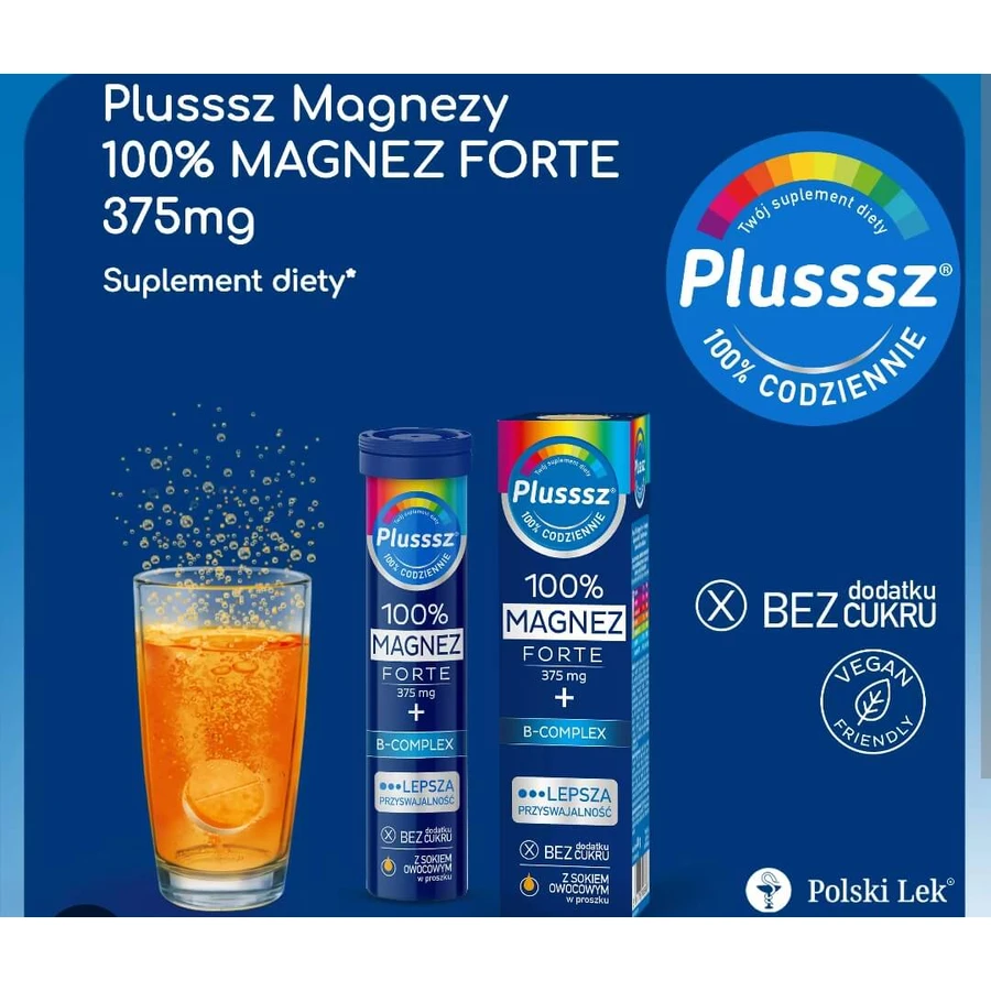 Plusssz 100% Magnesio Forte + Complejo B, sabor naranja-pomelo, 20 comprimidos efervescentes