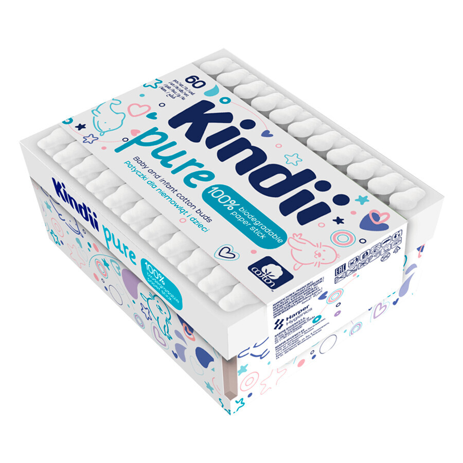 Cumpără Kindii Pure, bețișoare de bumbac pentru bebeluși și copii, biodegradabile, 60 de bucăți Kindii Pure, bețișoare de bumbac pentru bebeluși și copii, biodegradabile, 60 de bucăți
