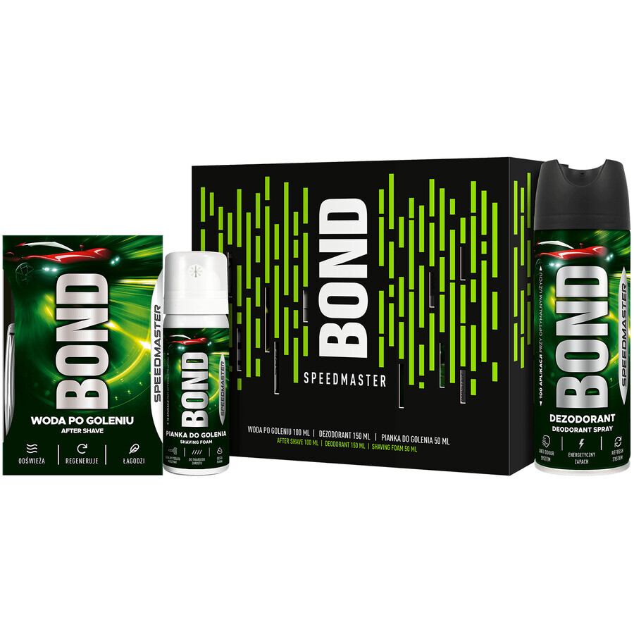 Buy Kit Bond Speedmaster, aftershave, 100 ml + deodorant, 150 ml + shaving foam, 50 ml Kit Bond Speedmaster, aftershave, 100 ml + deodorant, 150 ml + shaving foam, 50 ml