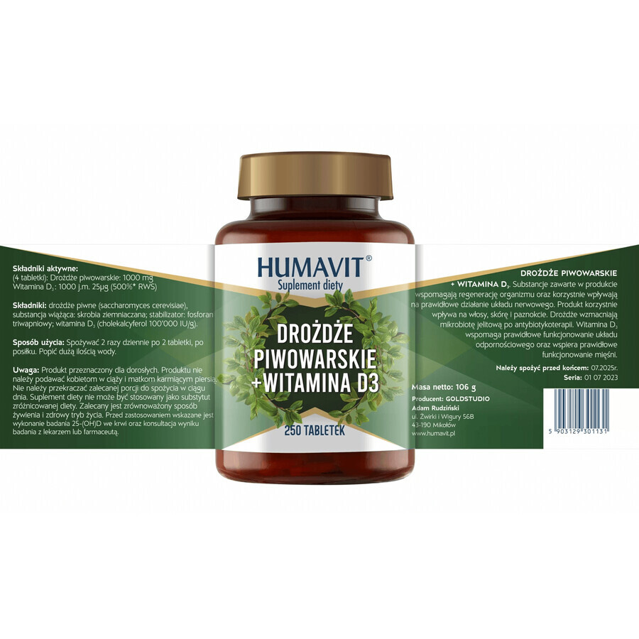 Comprar Humavit Levadura de cerveza + Vitamina D3, 250 comprimidos Humavit Levadura de cerveza + Vitamina D3, 250 comprimidos