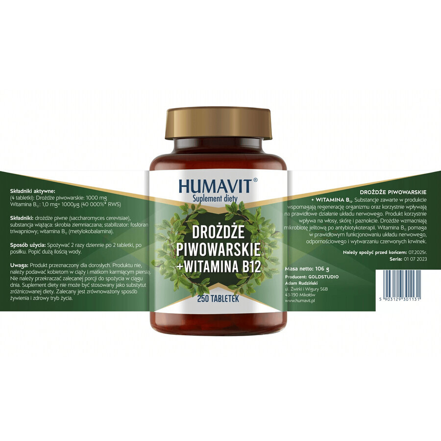 Winkel op Humavit Biergist + Vitamine B12, 250 tabletten Humavit Biergist + Vitamine B12, 250 tabletten