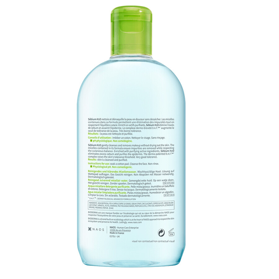 Bioderma Sebium H2O, loción micelar para pieles grasas, mixtas y con tendencia acneica, 500 ml Bioderma Sebium H2O, loción micelar para pieles grasas, mixtas y con tendencia acneica, 500 ml