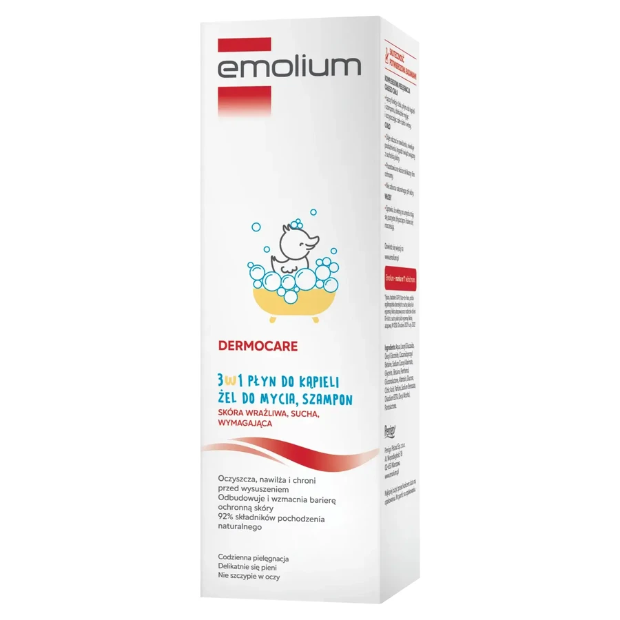 Emolium Dermocare 3en1, liquide de bain, gel nettoyant et shampoing, après 1 mois, 400 ml