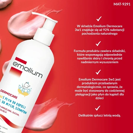 Emolium Dermocare 3en1, liquide de bain, gel nettoyant et shampoing, après 1 mois, 400 ml