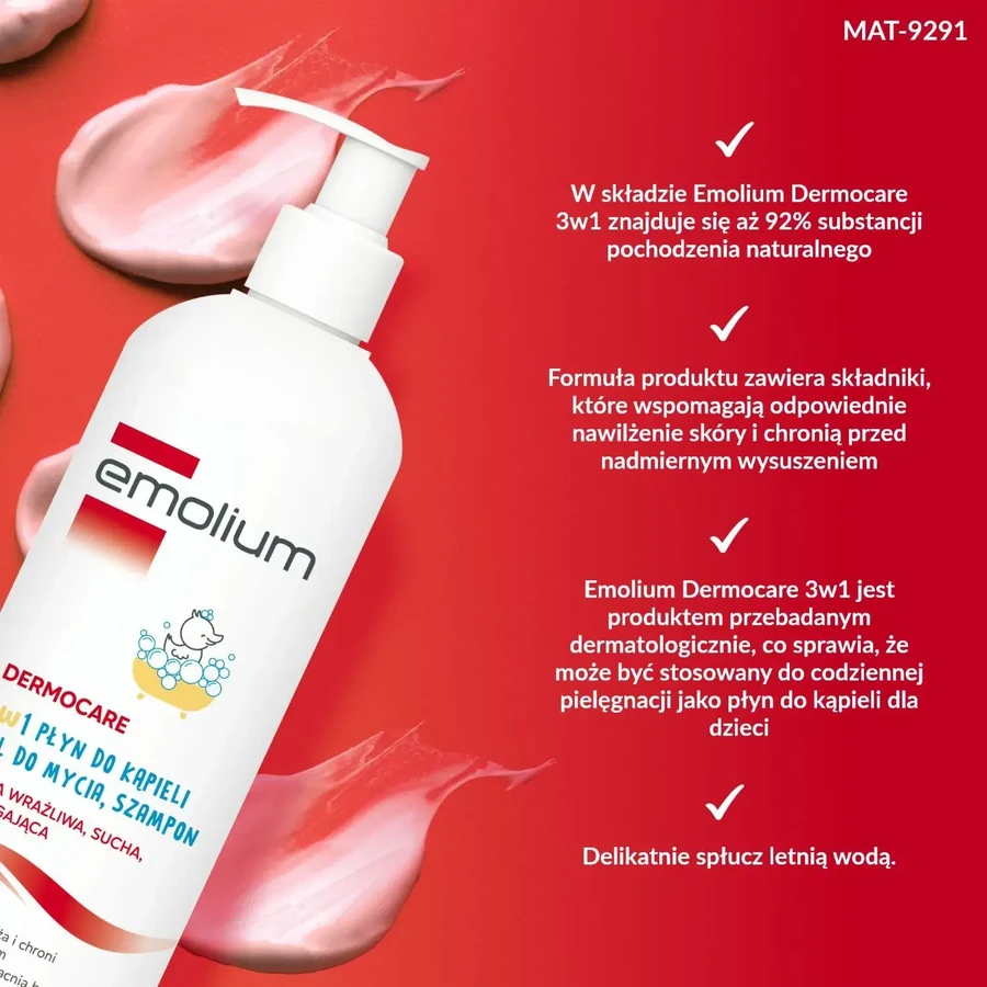 Emolium Dermocare 3en1, liquide de bain, gel nettoyant et shampoing, après 1 mois, 400 ml