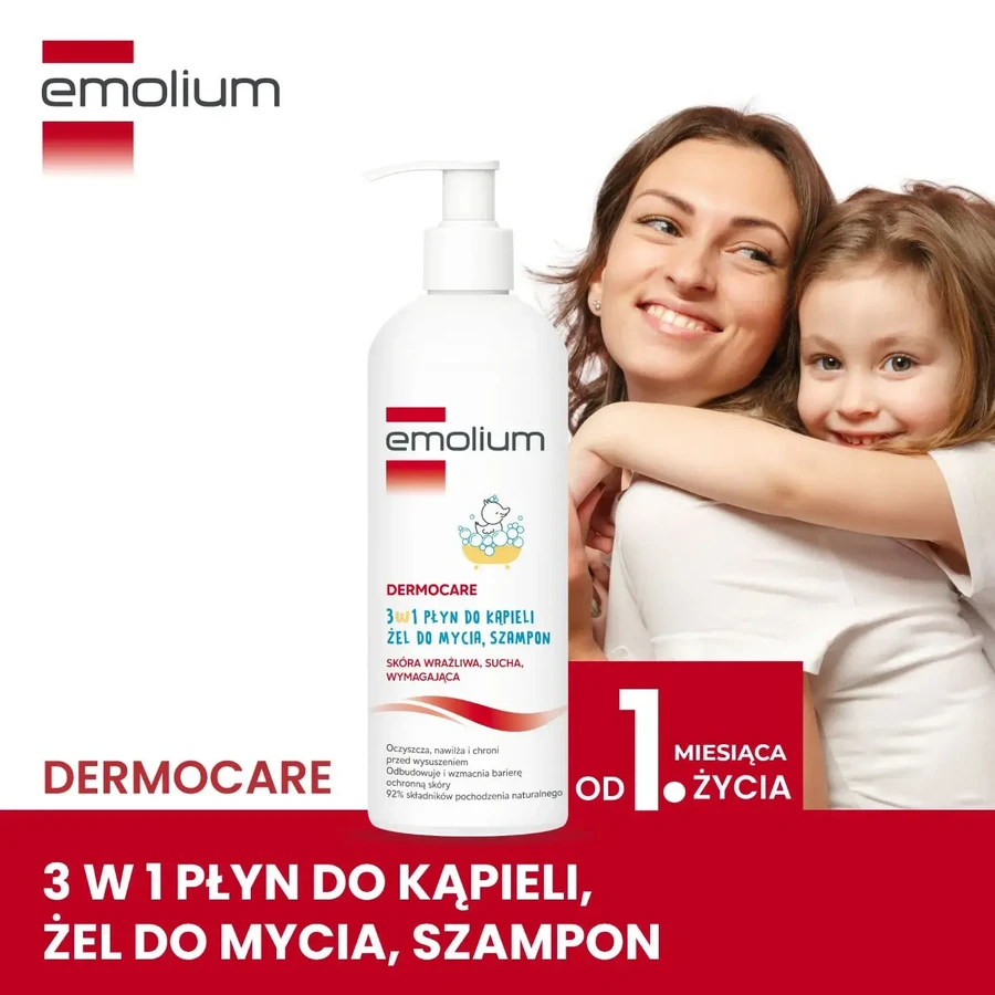 Emolium Dermocare 3en1, liquide de bain, gel nettoyant et shampoing, après 1 mois, 400 ml