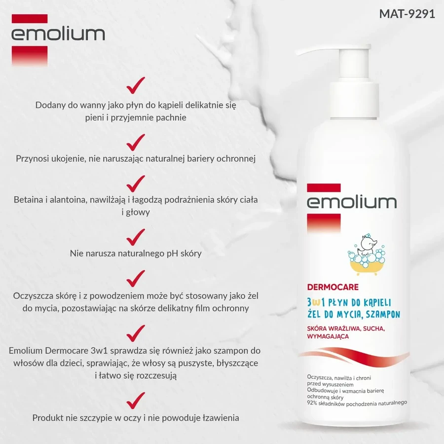 Emolium Dermocare 3en1, liquide de bain, gel nettoyant et shampoing, après 1 mois, 400 ml