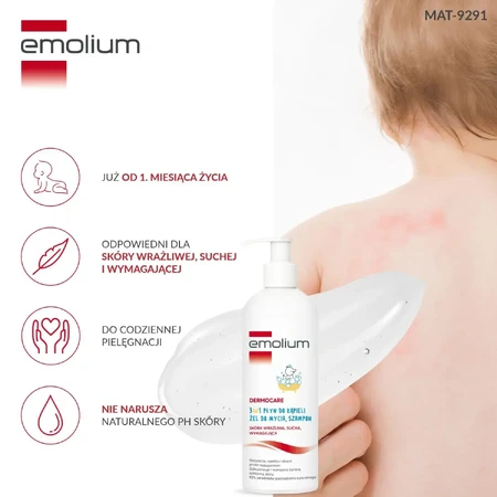 Emolium Dermocare 3en1, liquide de bain, gel nettoyant et shampoing, après 1 mois, 400 ml