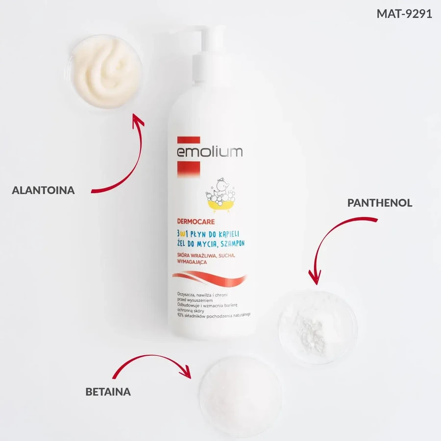 Emolium Dermocare 3en1, liquide de bain, gel nettoyant et shampoing, après 1 mois, 400 ml