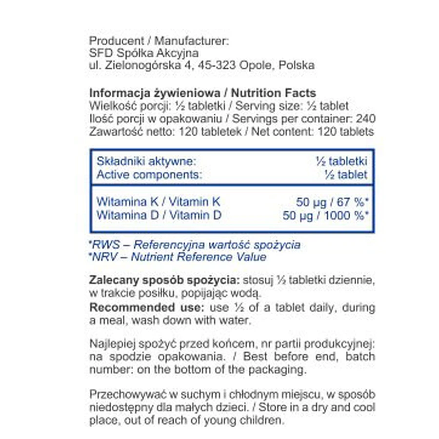 SFD D3 4000 IE + K2, vitamine D 4000 IE + vitamine K 100 µg, 120 tabletten