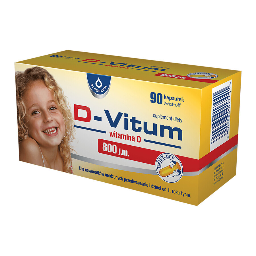 Cumpără D-Vitum 800 UI, vitamina D pentru nou-născuții născuți prematur și copii de la 1 an, 90 capsule cu răsucire D-Vitum 800 UI, vitamina D pentru nou-născuții născuți prematur și copii de la 1 an, 90 capsule cu răsucire