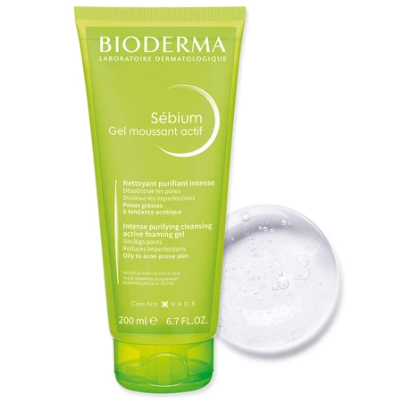 Bioderma Sebium Gel Moussant Actif, gel nettoyant actif pour peaux grasses et à tendance acnéique, 200 ml