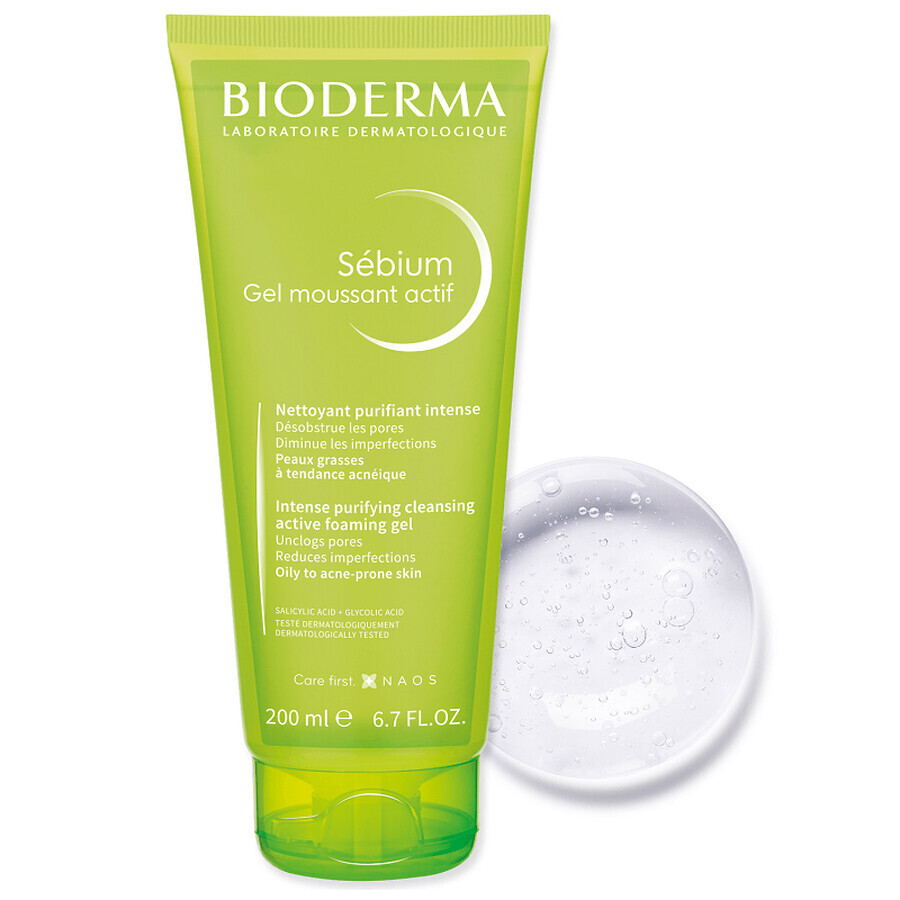 Gel spumant activ Bioderma Sébium, ten gras și acneic, 200 ml, Naos