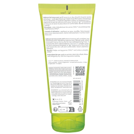 Bioderma Sebium Gel Moussant Actif, gel nettoyant actif pour peaux grasses et à tendance acnéique, 200 ml