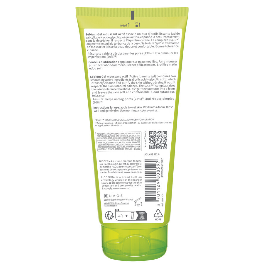 Gel spumant activ Bioderma Sébium, ten gras și acneic, 200 ml, Naos