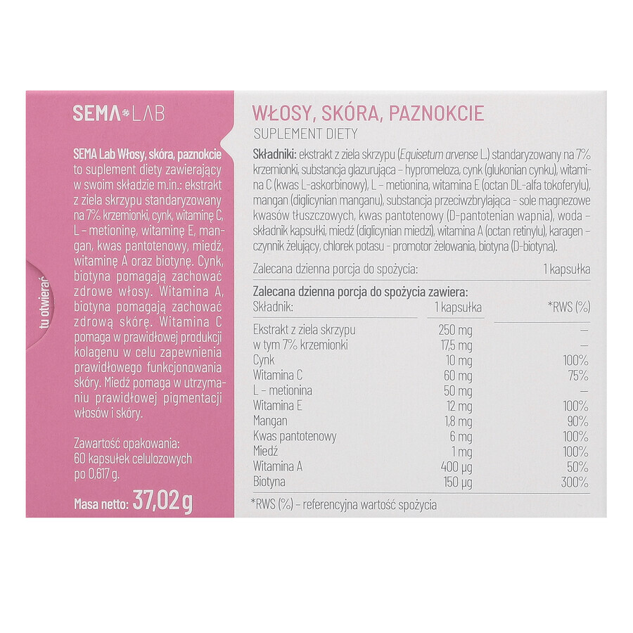 SEMA Lab Păr, piele, unghii, 60 capsule de celuloză SHORT DATE
