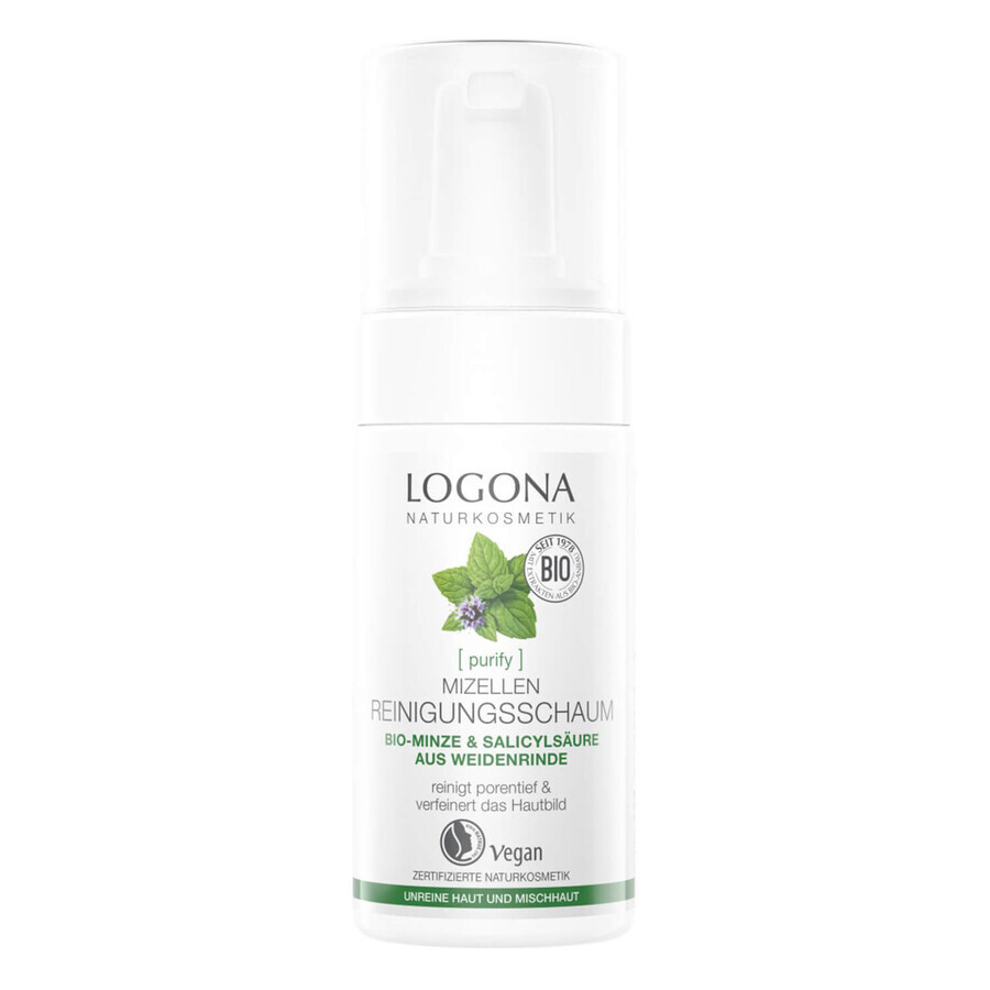 Boutique Logona Purify, mousse nettoyante micellaire à la menthe bio et à l'acide salicylique, peaux mixtes et impures, 100 ml SHORT DATE Logona Purify, mousse nettoyante micellaire à la menthe bio et à l'acide salicylique, peaux mixtes et impures, 100 ml SHORT DATE