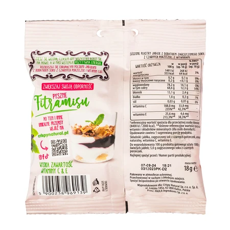 Manzanas Crispy Natural Spring, chips de manzana deshidratados con jugo de grosella negra y vitaminas C y E, 18 g