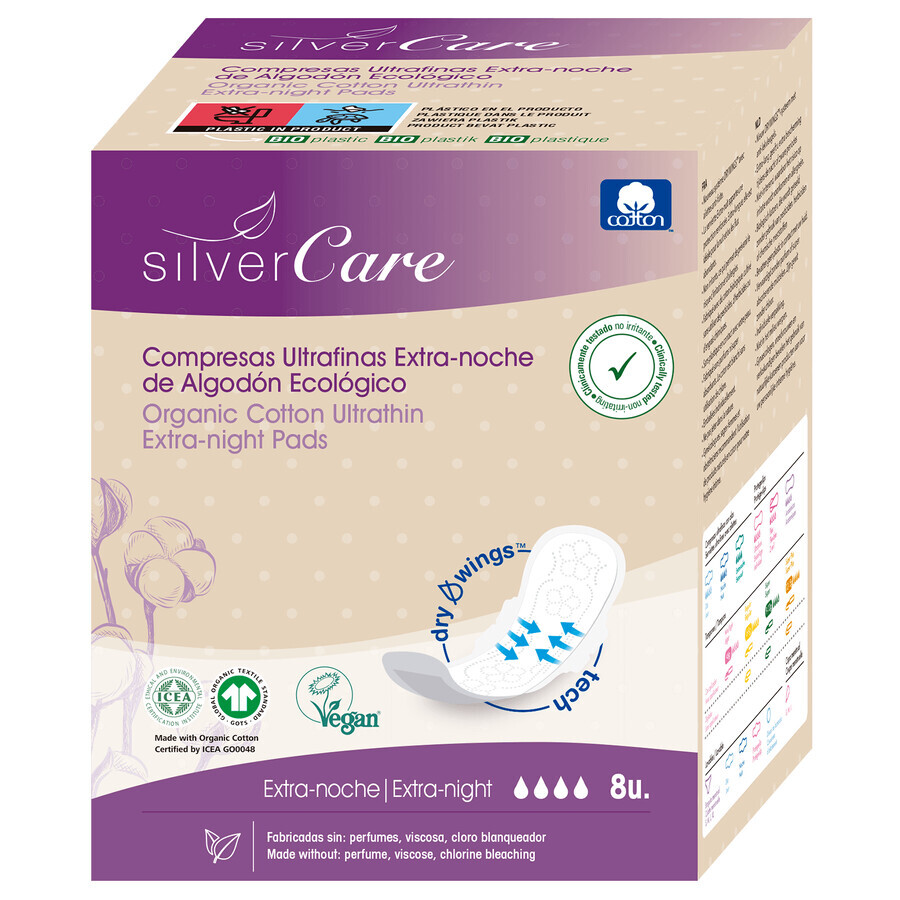 Silver Care, Handtücher aus Bio-Baumwolle, extra lang, mit Flügeln, Nacht, 8 Stück
