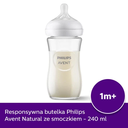 Avent Natural Response, biberon en verre avec tétine réactive, débit 3, SCY933/01, après 1 mois, 240 ml 