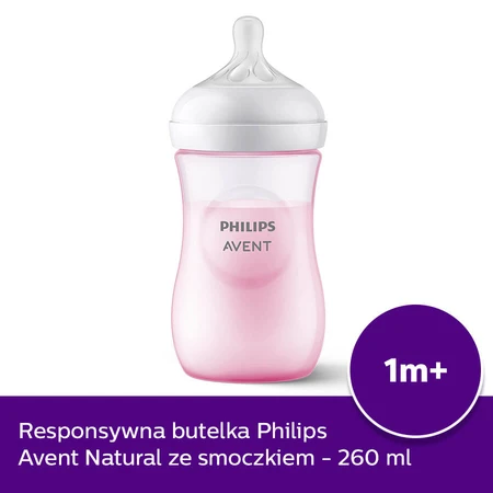 Avent Natural Response, biberón con tetina sensible, rosa, flujo 3, SCY903/11, después de 1 mes, 260 ml