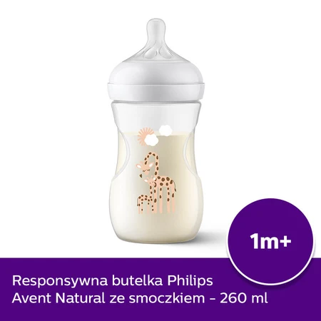Avent Natural Response, biberón con tetina sensible, jirafas, flujo 3, SCY903/66, después de 1 mes, 260 ml