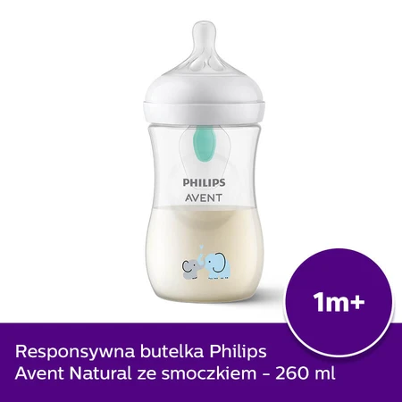 Avent Natural Response, biberon avec tétine réactive, avec valve AirFree, éléphant, débit 3, SCY673/81, après 1 mois, 260 ml