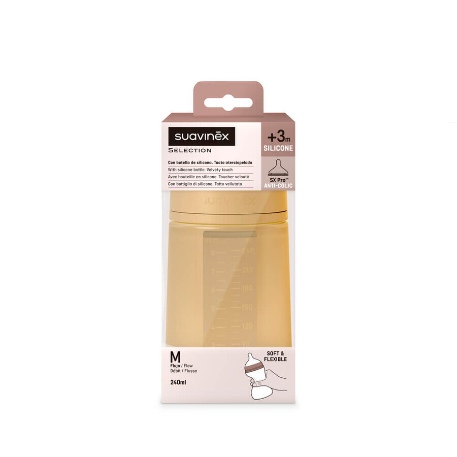 Suavinex Colour Essence, flacon cu tetină din silicon cu debit mediu, muștar, de la 3 luni, 240 ml